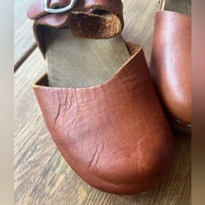 Leather, wood heeled clogs
